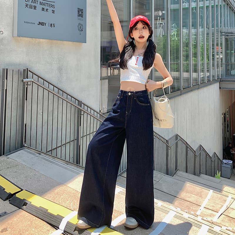 レディースワイドパンツ ハイウエストゆったりデニムワイドパンツ