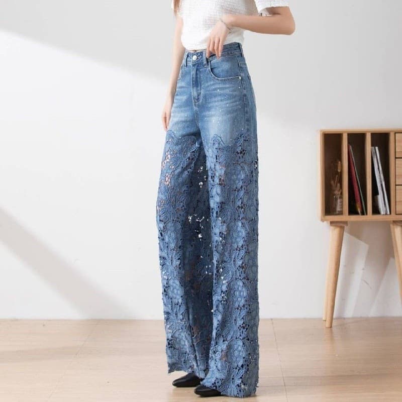 レディースワイドパンツ 花柄レース刺繍透かしデニムワイドパンツ
