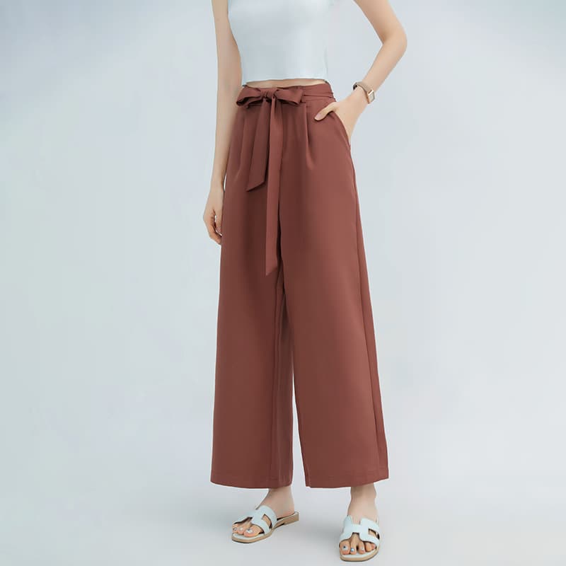 レディースワイドパンツ リボン付ハイウエストガウチョパンツ美脚ワイドボトムス全12色