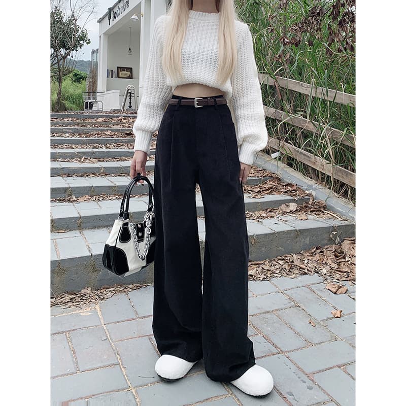 レディースワイドパンツ タック入りゆったりコーデュロイパンツ