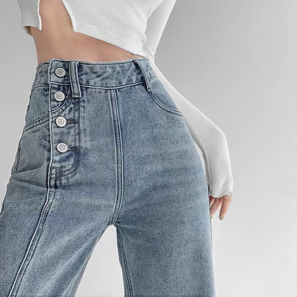 レディースワイドパンツ デニムハイウエストワイドパンツ四連ボタン