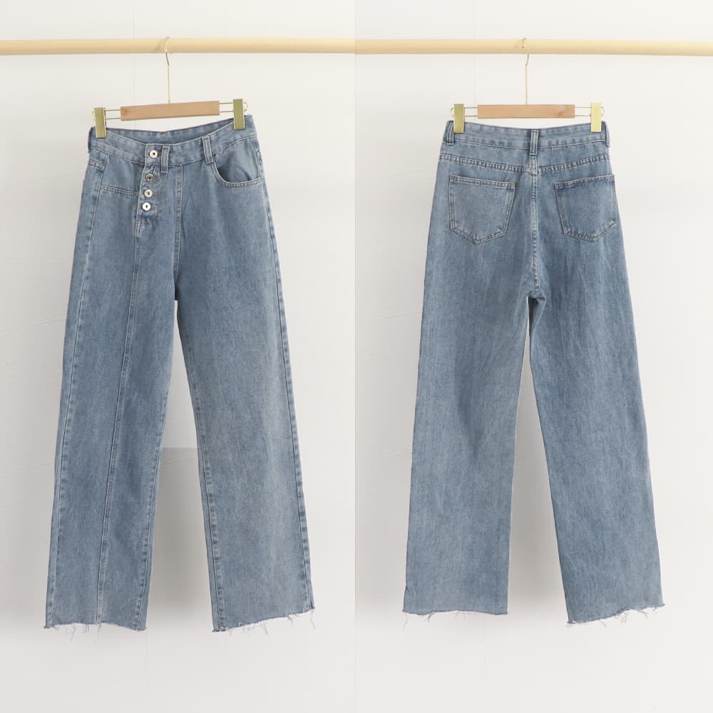 レディースワイドパンツ デニムハイウエストワイドパンツ四連ボタン