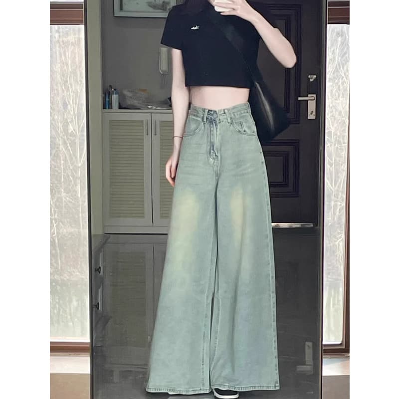 レディースワイドパンツ ゆったりシルエットハイウエストデニム
