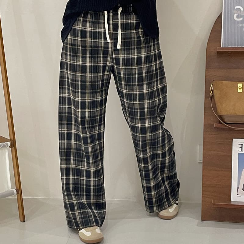 レディースワイドパンツ タータンチェックゆったりルームパンツ