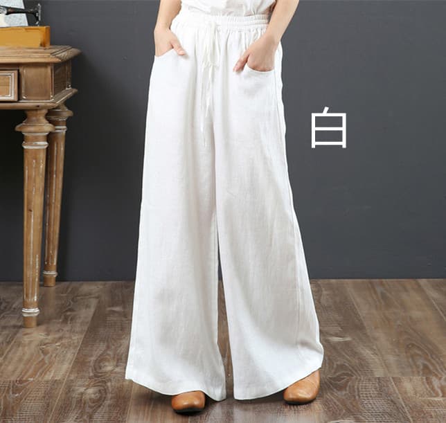 レディースワイドパンツ 綿麻混 ゆとりシルエット リネンワイドパンツ 全８色