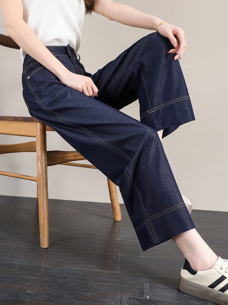 レディースワイドパンツ ハイウエストすっきりデニムワイド