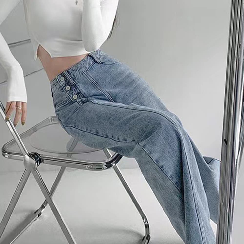 レディースワイドパンツ デニムハイウエストワイドパンツ四連ボタン