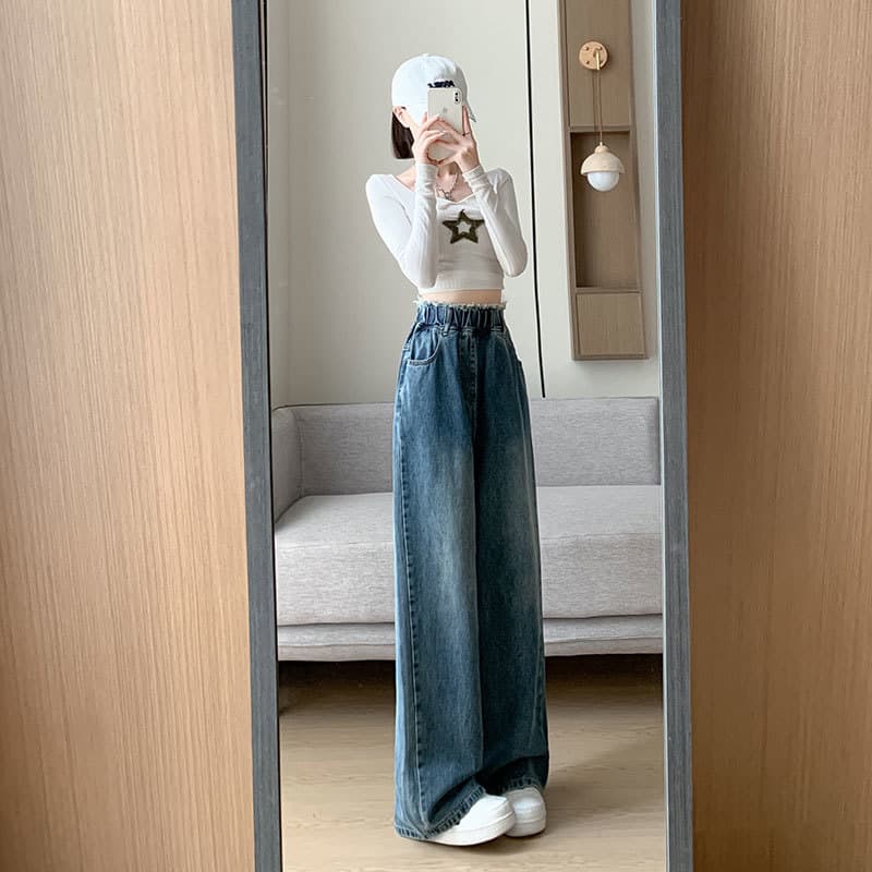 レディースワイドパンツ ウエストゴムゆったりデニムパンツ
