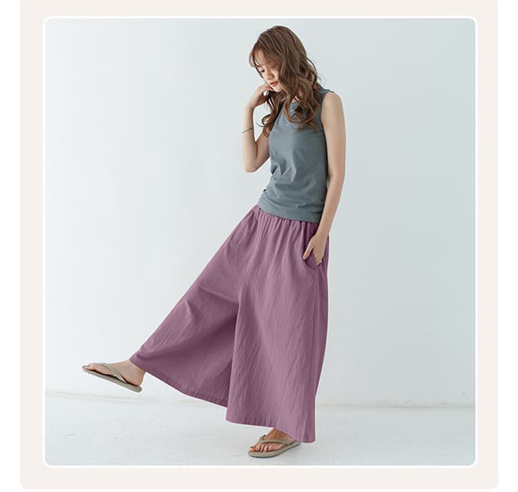 綿麻リネン レディースワイドパンツ ウエストゴム