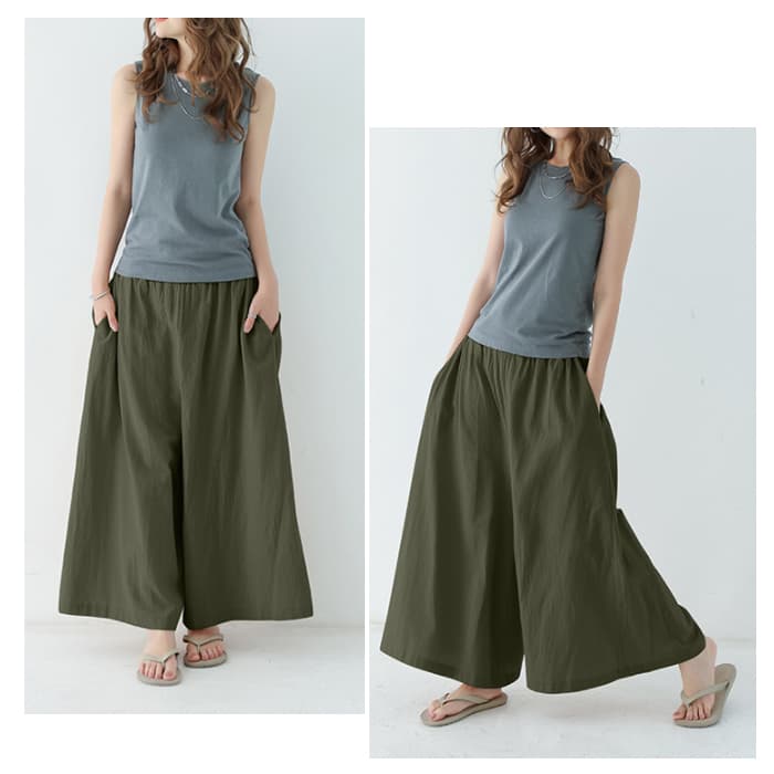 レディースワイドパンツ 体型カバーワイドパンツ ゆったりロング丈ウエストゴム