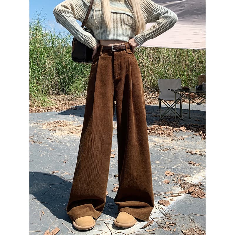 レディースワイドパンツ タック入りゆったりコーデュロイパンツ