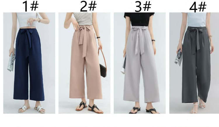 レディースワイドパンツ リボン付ハイウエストガウチョパンツ美脚ワイドボトムス全12色
