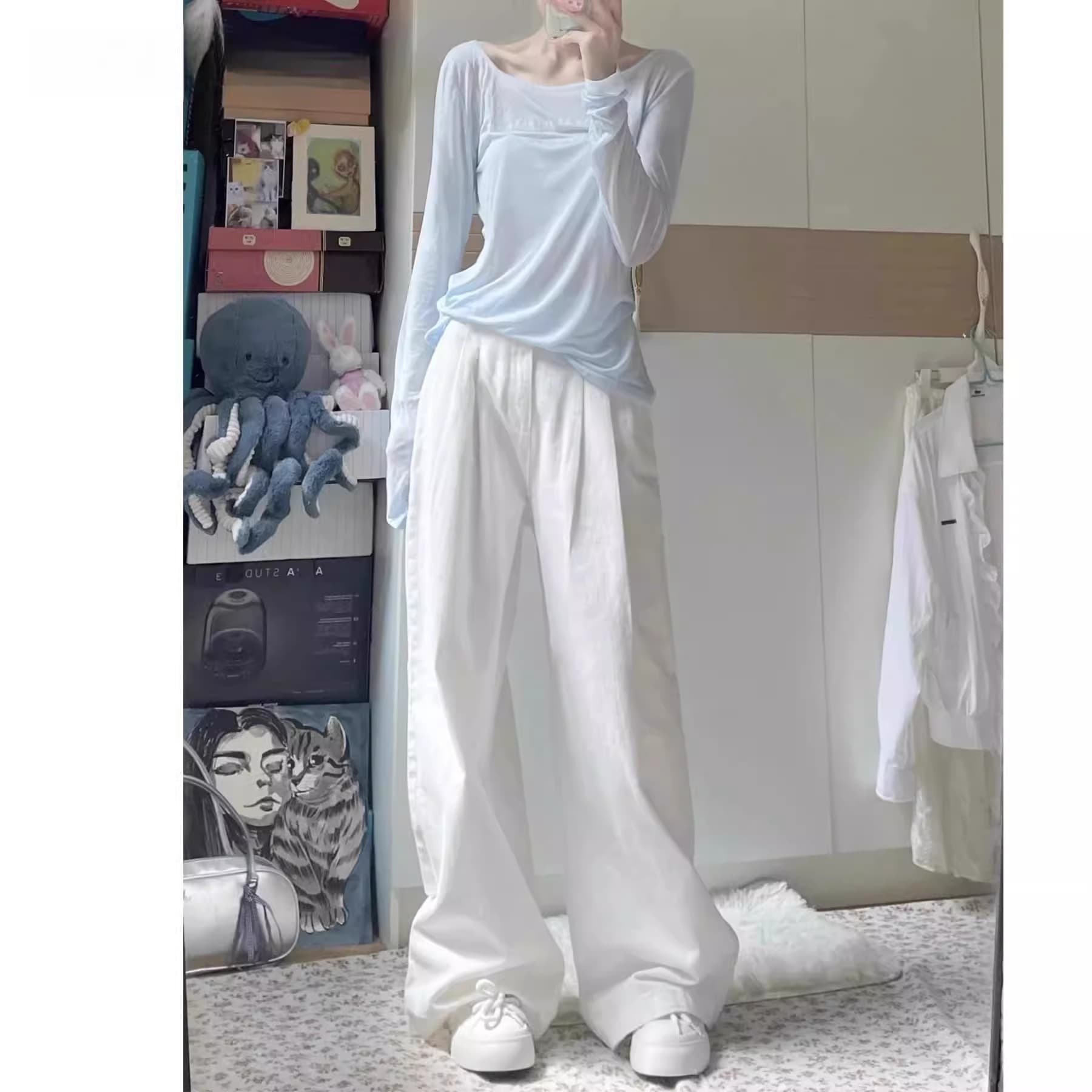 レディースワイドパンツ ゆとりラインストレートデニムワイドパンツ