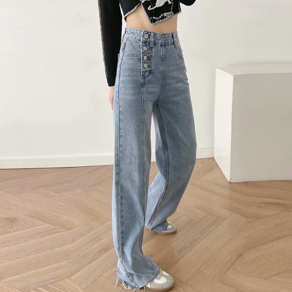 レディースワイドパンツ デニムハイウエストワイドパンツ四連ボタン
