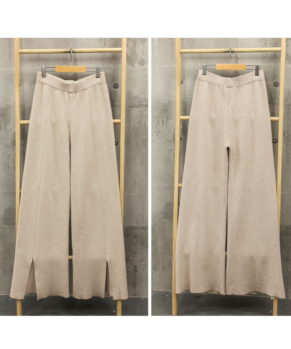 レディースワイドパンツ センタープレス ニットワイドパンツ スリット入り