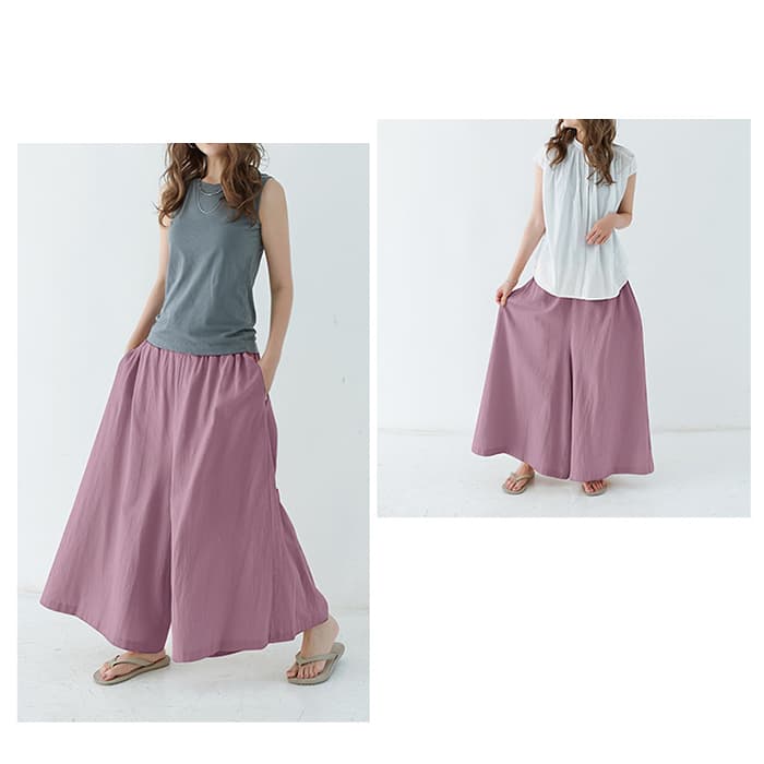 レディースワイドパンツ 体型カバーワイドパンツ ゆったりロング丈ウエストゴム