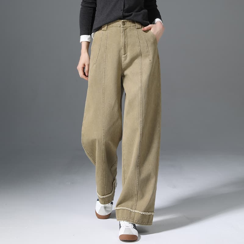 レディースワイドパンツ フリンジ裾デザインワイドパンツ