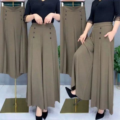レディースワイドパンツ 上品フロントボタンタックワイドパンツ