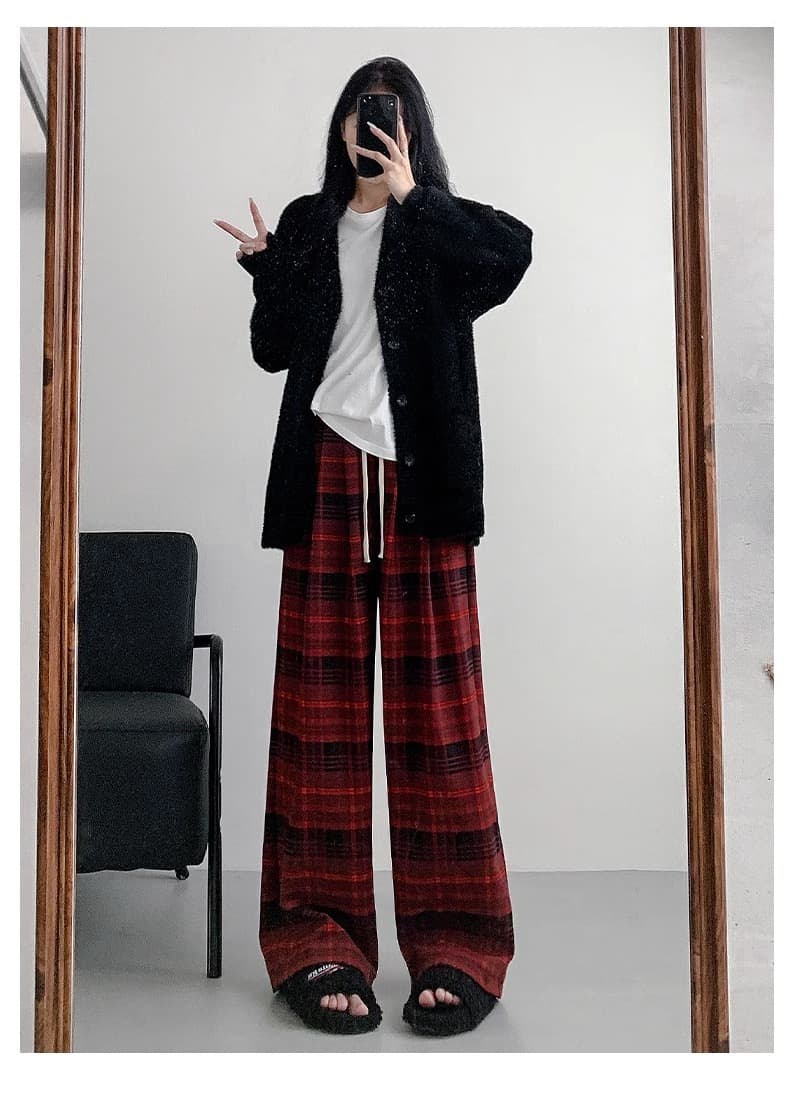 レディースワイドパンツ ゆったりチェックルームパンツ