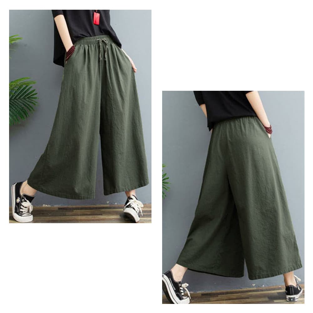 レディースワイドパンツ 風合い豊かなリネンワイドパンツ ウエストゴム仕様