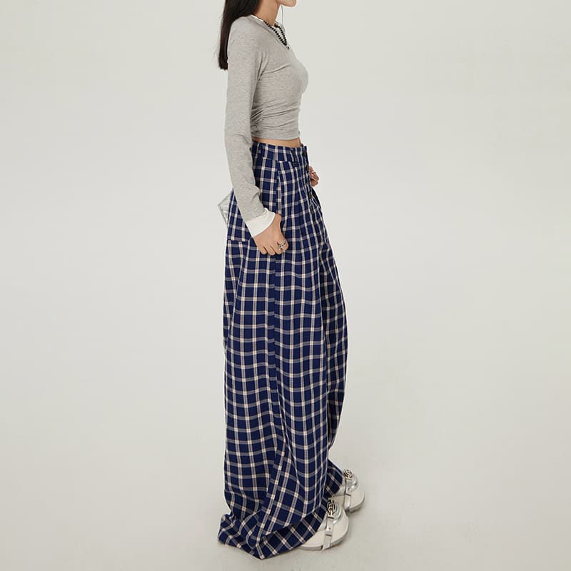 レディースワイドパンツ ゆったりチェックワイドパンツ