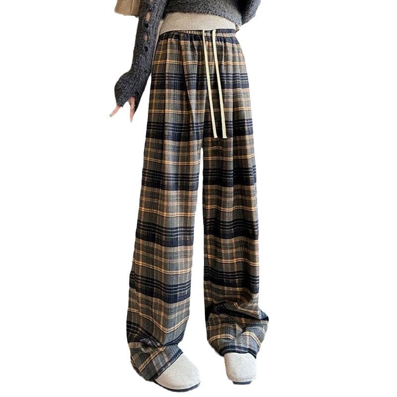 レディースワイドパンツ ゆったりチェックルームパンツ