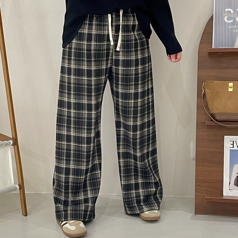 レディースワイドパンツ タータンチェックゆったりルームパンツ