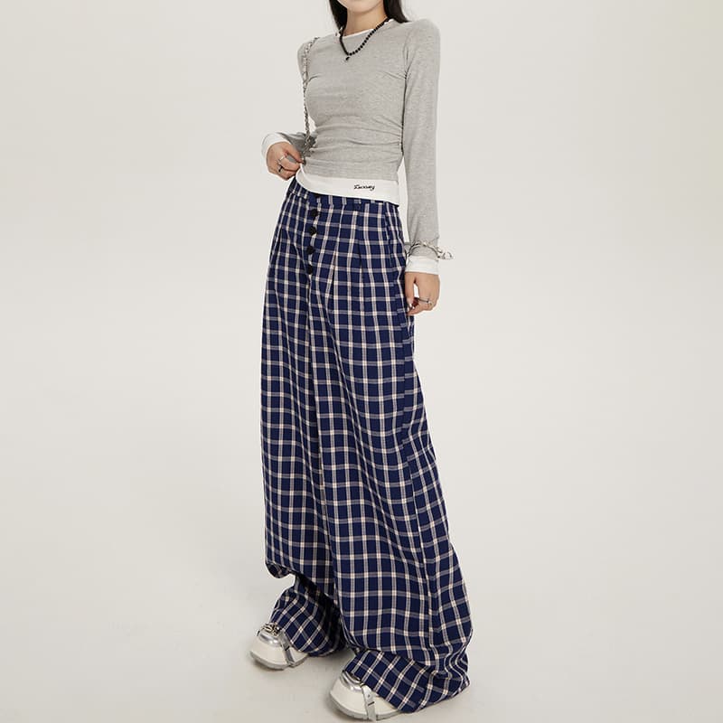 レディースワイドパンツ ゆったりチェックワイドパンツ