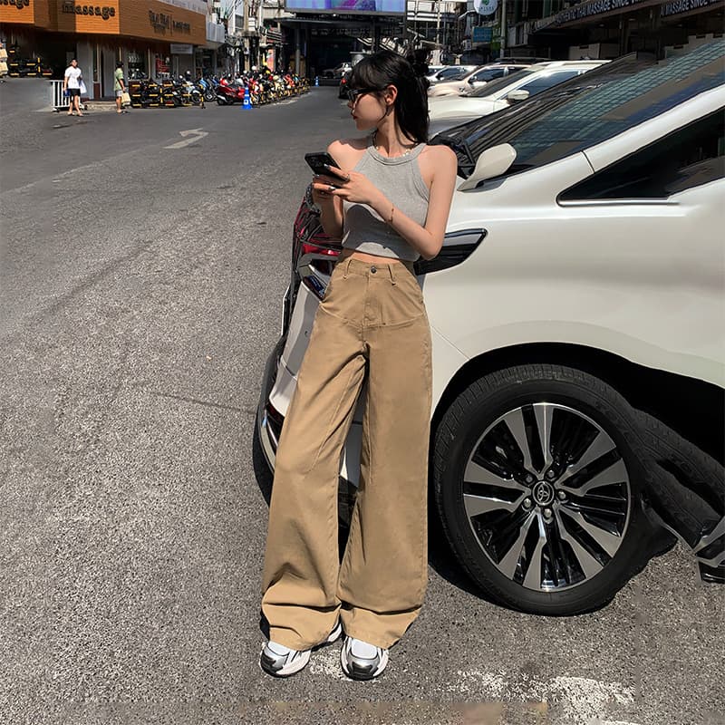 レディースワイドパンツ ハイウエストストレートワイドチノパンツ