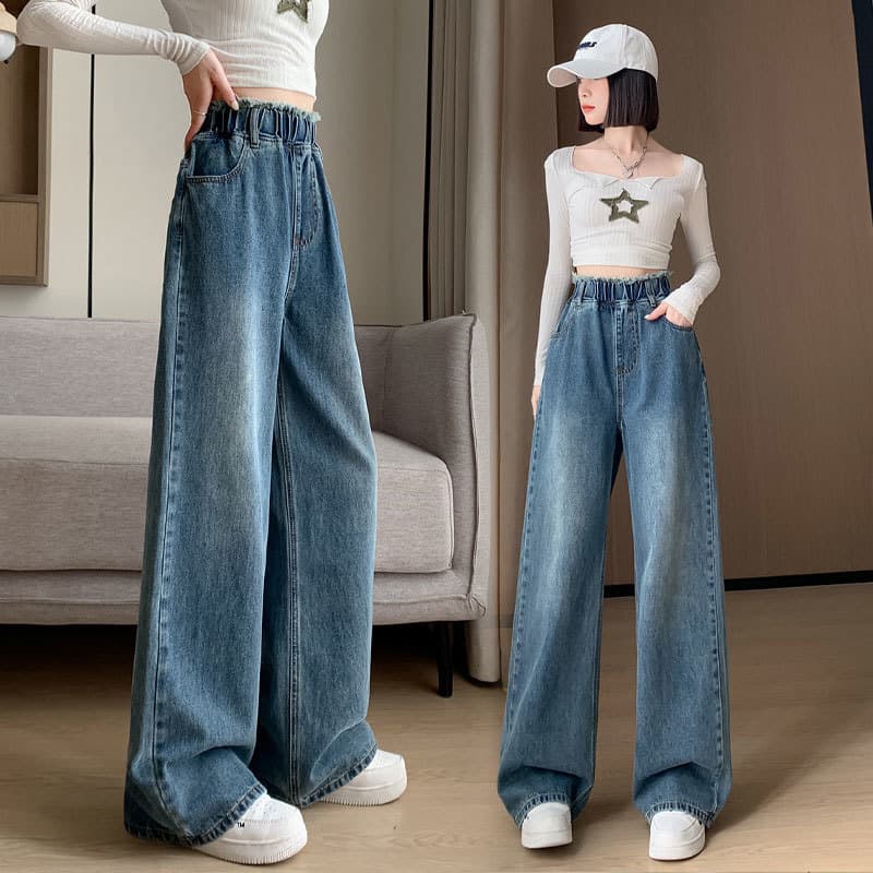 レディースワイドパンツ ウエストゴムゆったりデニムパンツ