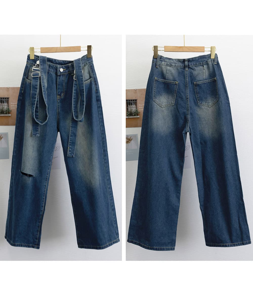 レディースワイドパンツ スリット入りサス付きデニムワイドパンツ