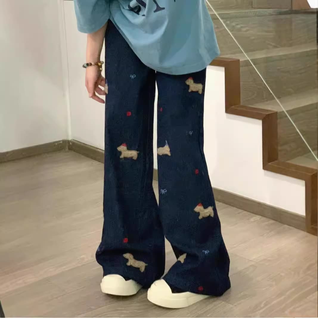 レディースワイドパンツ 犬柄刺繍入りデニムワイドパンツ
