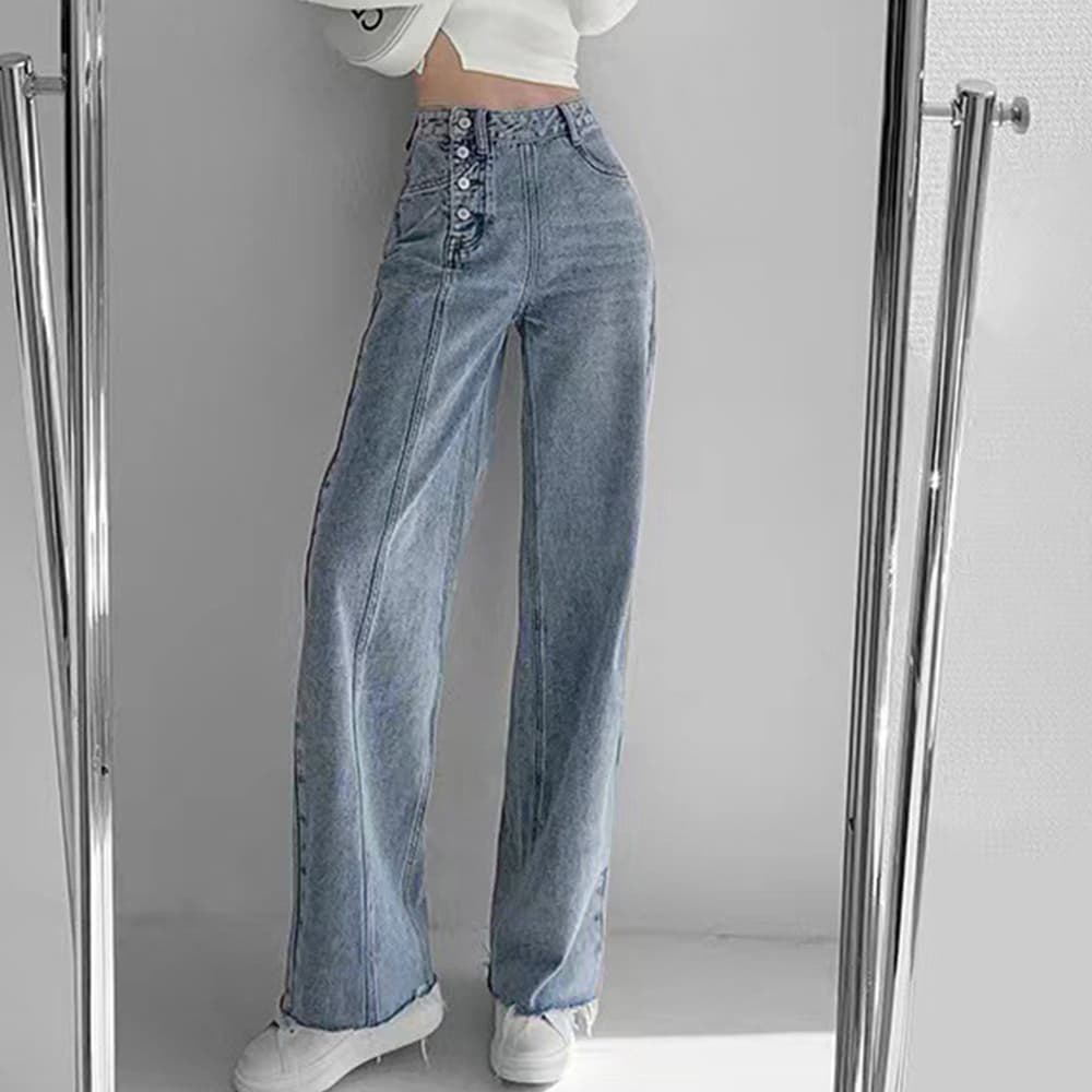 レディースワイドパンツ デニムハイウエストワイドパンツ四連ボタン