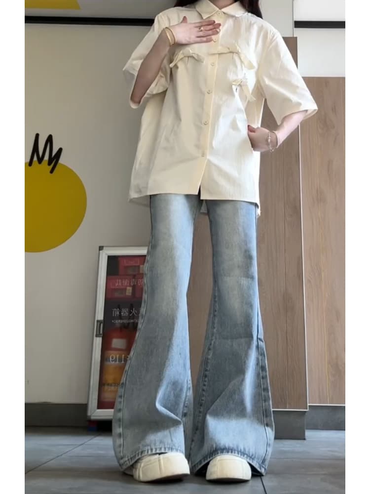 レディースワイドパンツ フレアシルエットロングデニム