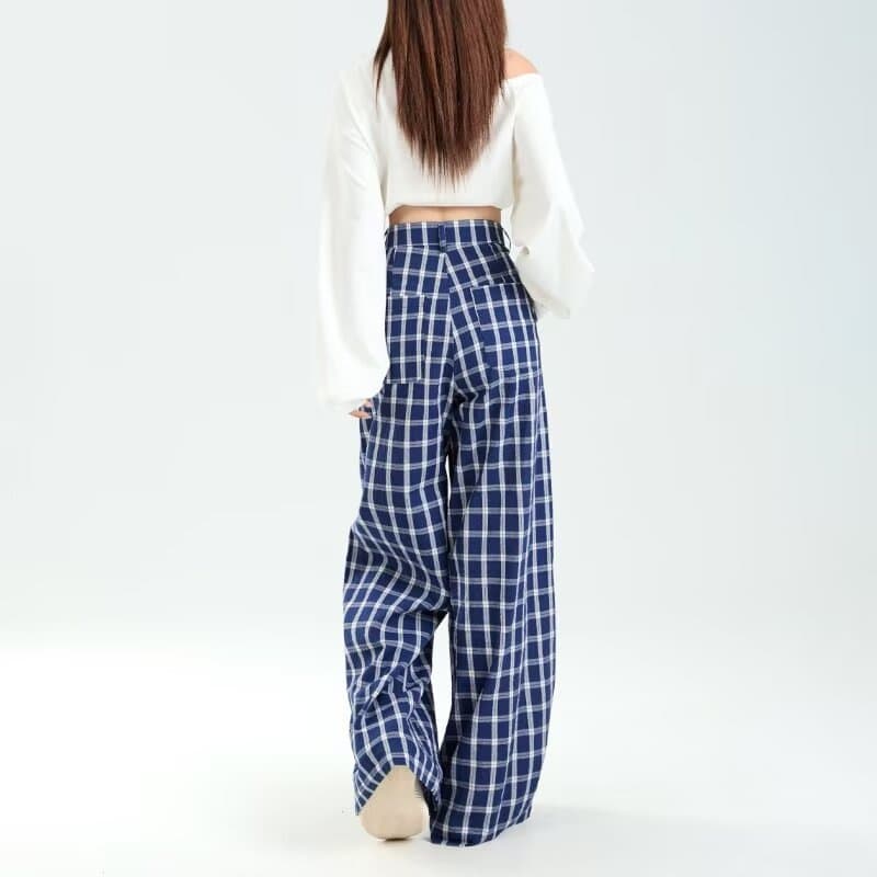 レディースワイドパンツ たっぷりシルエット格子柄ワイドパンツ