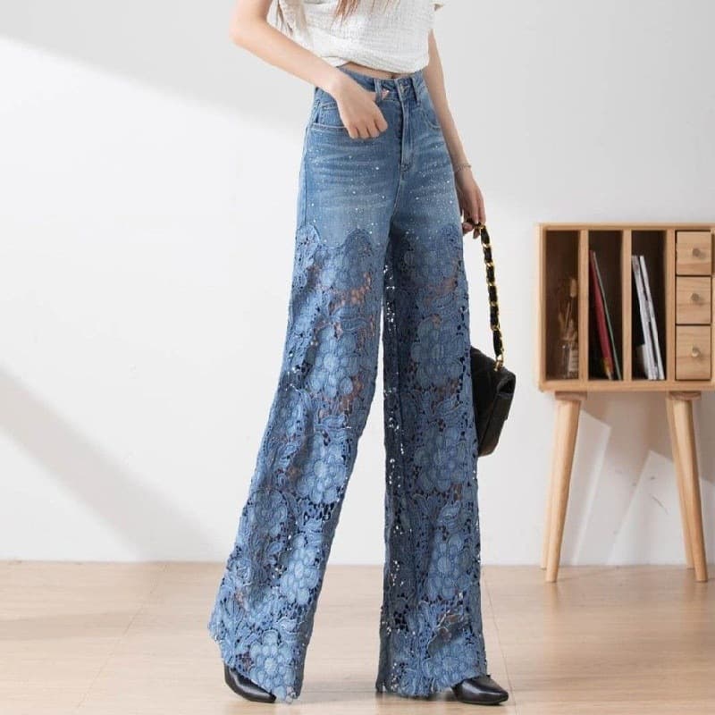 レディースワイドパンツ 花柄レース刺繍透かしデニムワイドパンツ