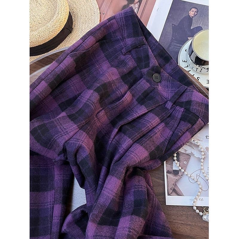 レディースワイドパンツ あったかチェック柄ゆったりワイドパンツ