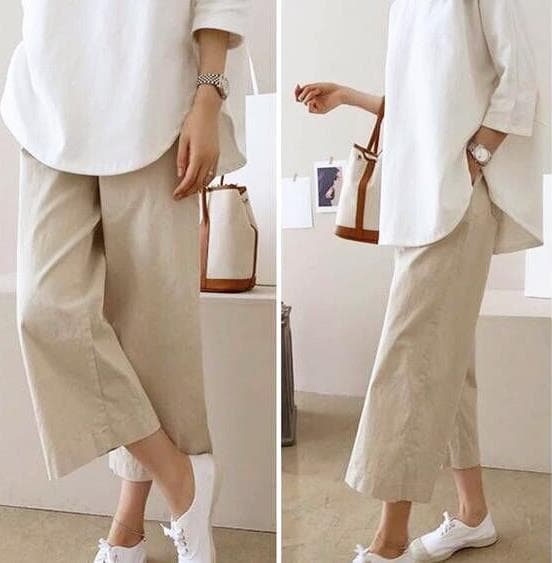 レディースワイドパンツ リネン素材九分丈ワイドパンツ体型カバー