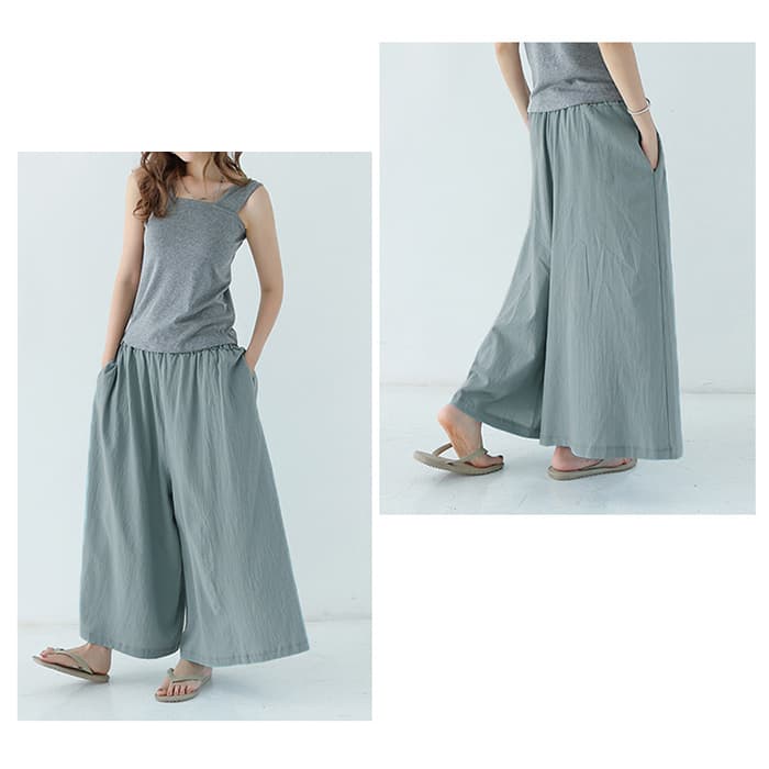 レディースワイドパンツ 体型カバーワイドパンツ ゆったりロング丈ウエストゴム