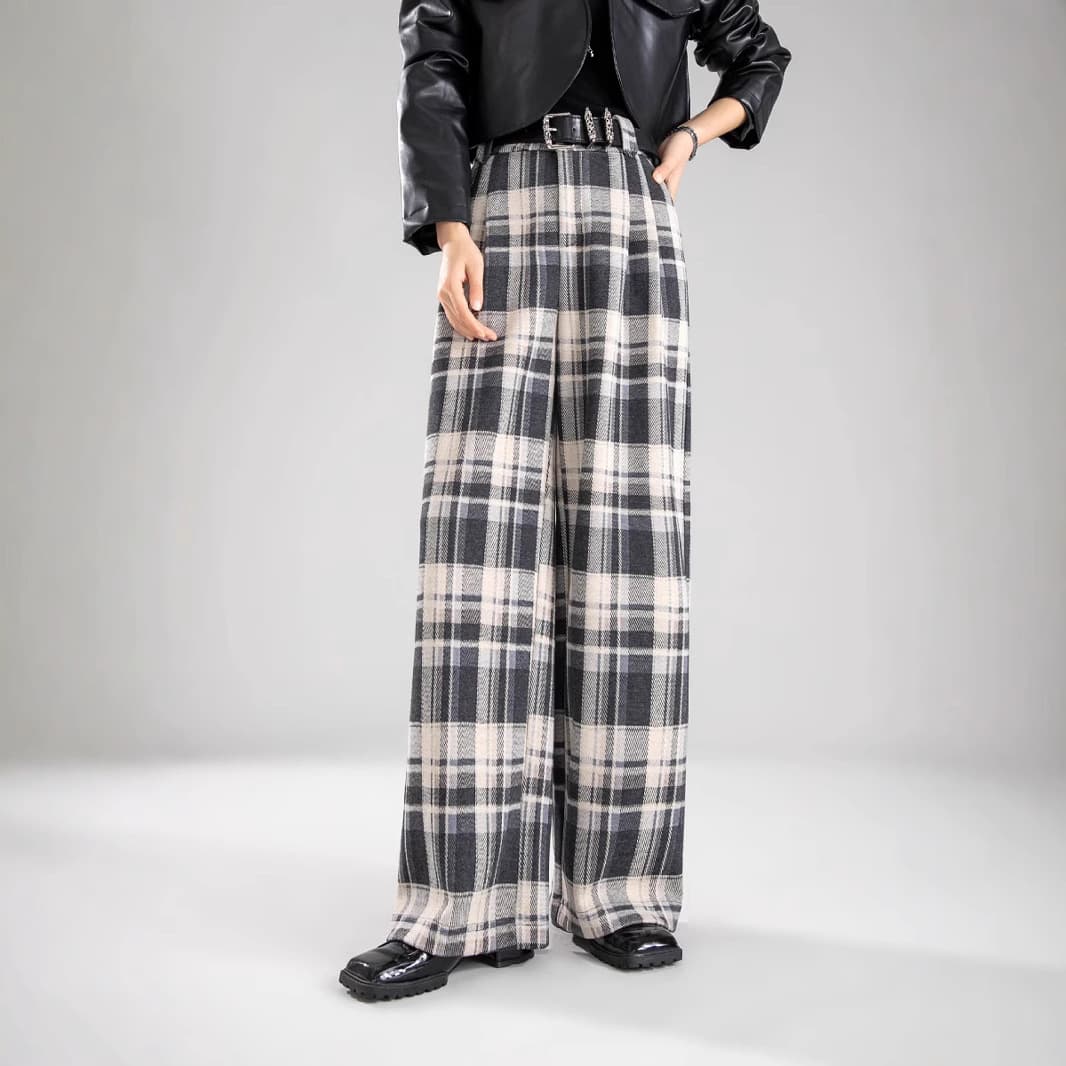 レディースワイドパンツ レトロチェックワイドパンツ