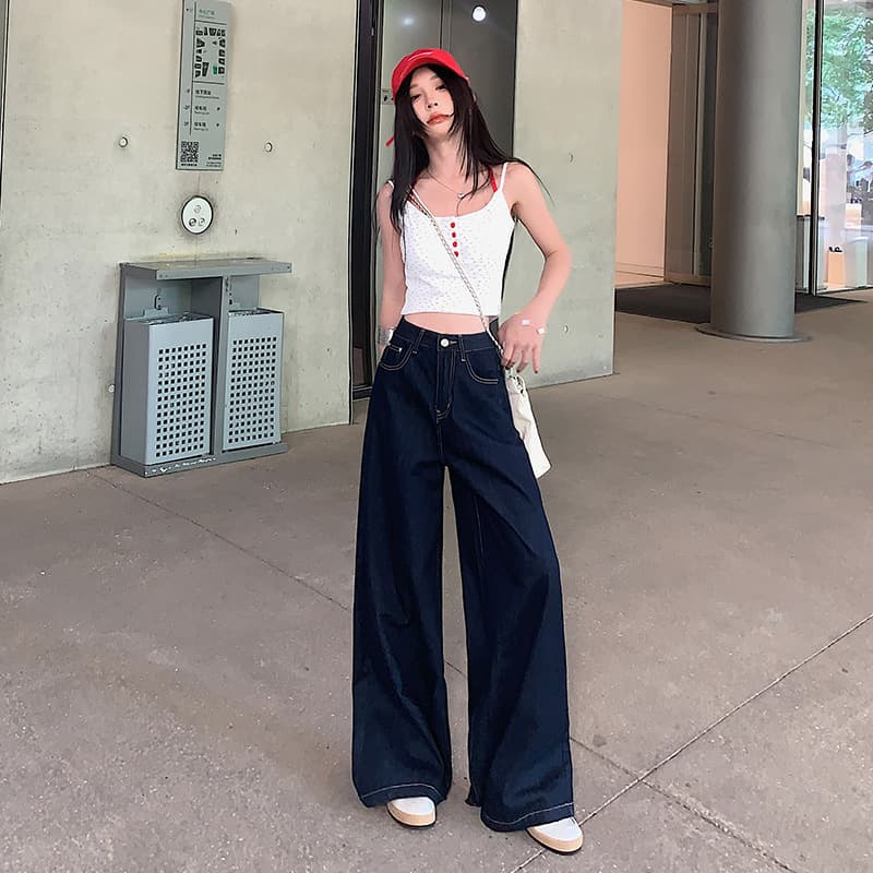 レディースワイドパンツ ハイウエストゆったりデニムワイドパンツ