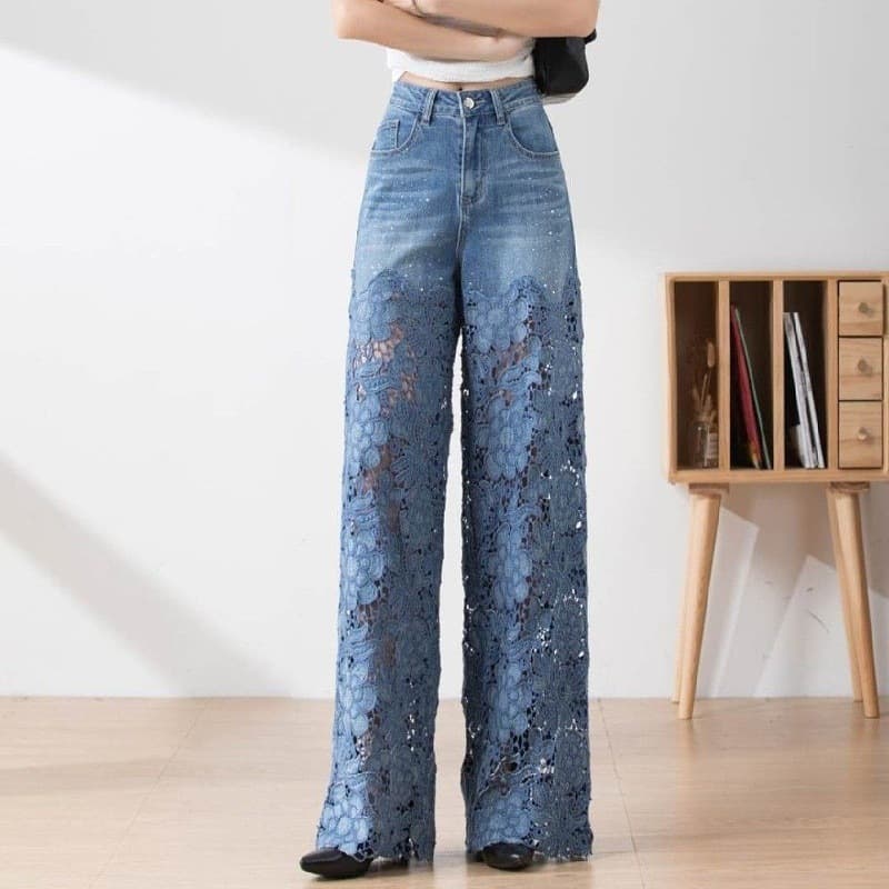 レディースワイドパンツ 花柄レース刺繍透かしデニムワイドパンツ