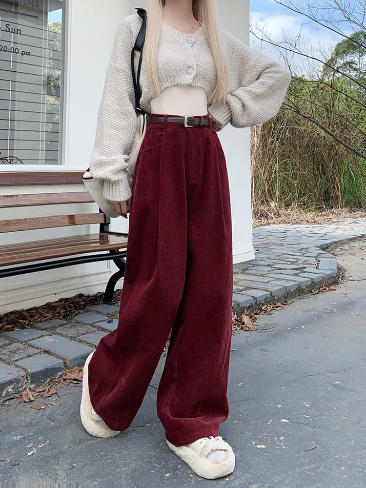 レディースワイドパンツ タック入りゆったりコーデュロイパンツ