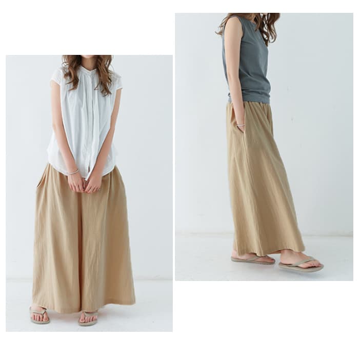 レディースワイドパンツ 体型カバーワイドパンツ ゆったりロング丈ウエストゴム