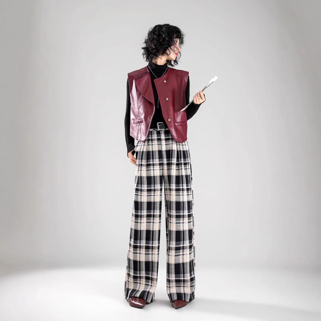 レディースワイドパンツ レトロチェックワイドパンツ