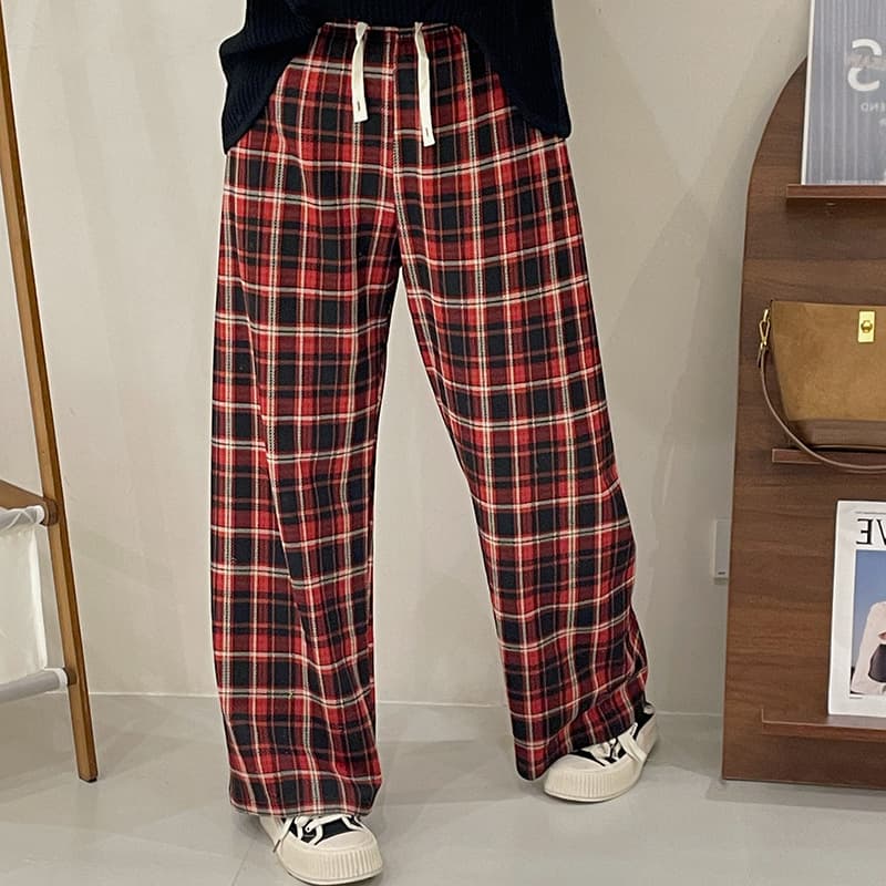 レディースワイドパンツ タータンチェックゆったりルームパンツ