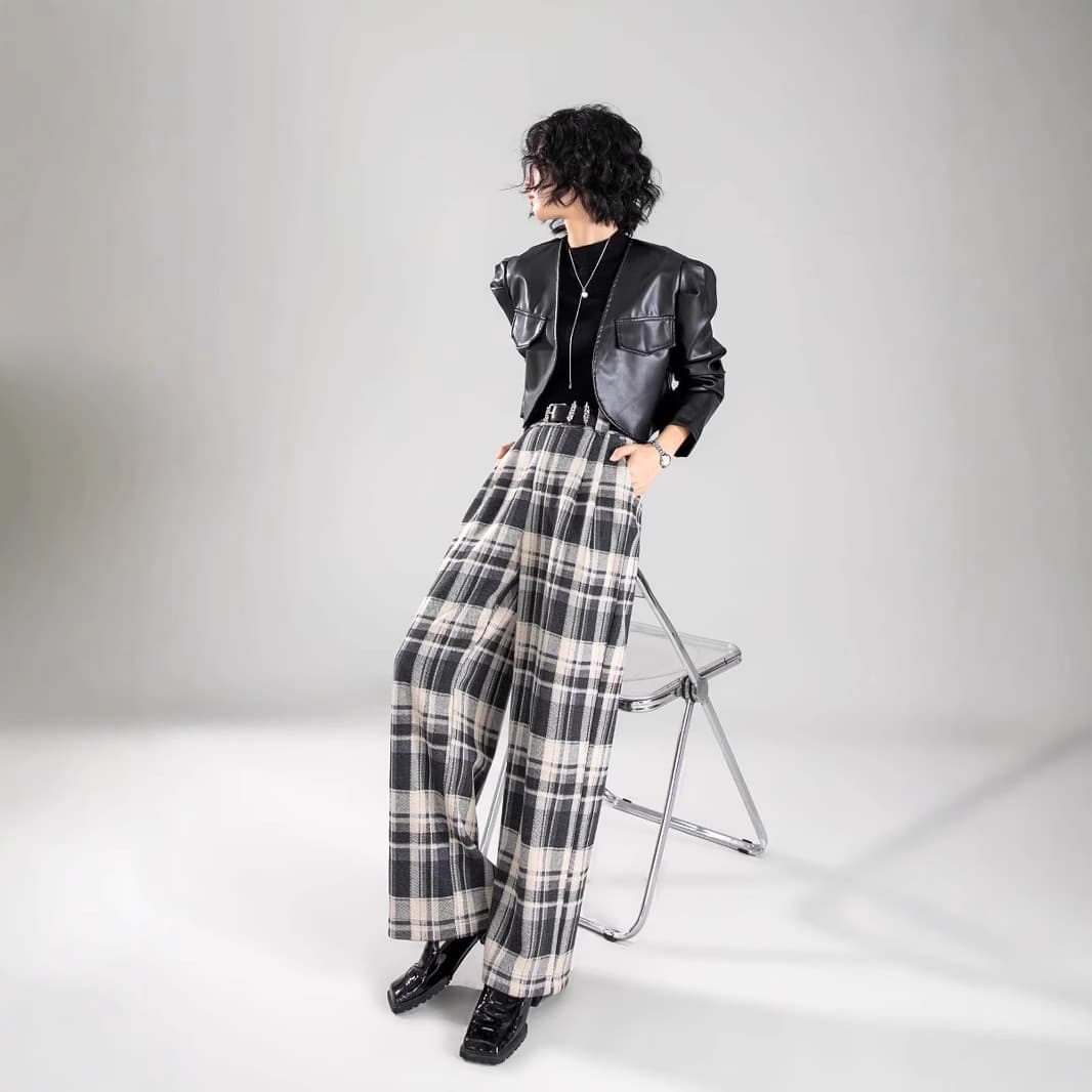 レディースワイドパンツ レトロチェックワイドパンツ