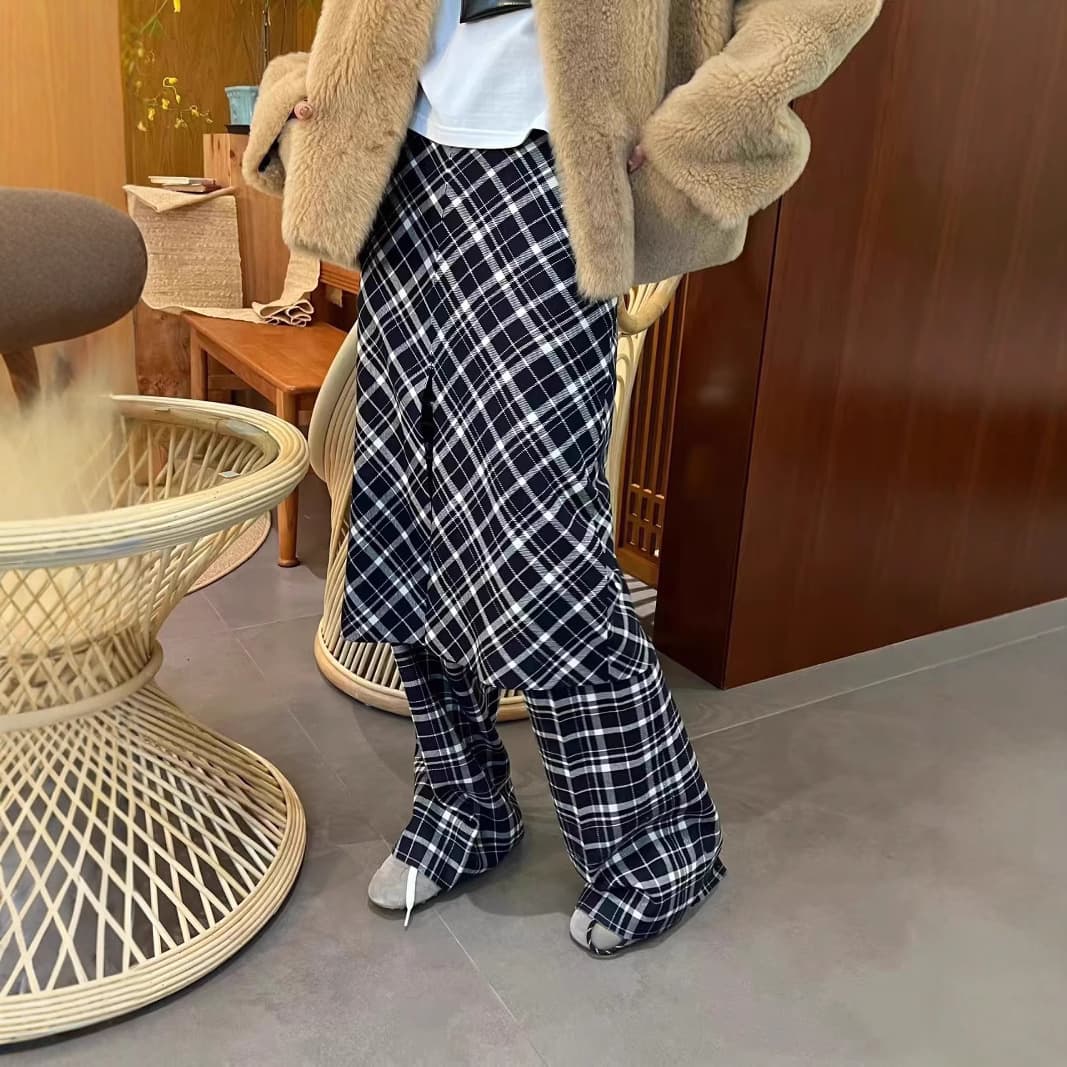 レディースワイドパンツ レトロ調格子柄ワイドパンツ