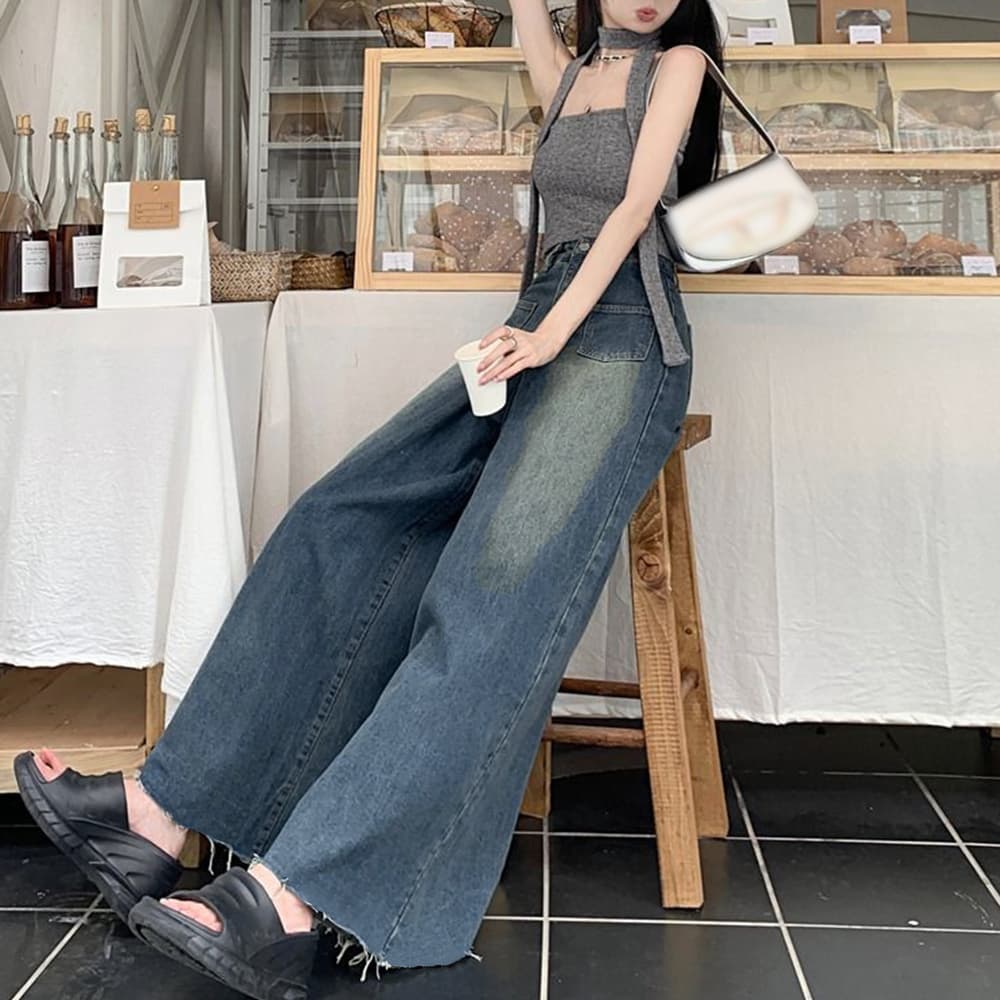 レディースワイドパンツ レディース デニムワイドパンツ 韓国風美脚フレア
