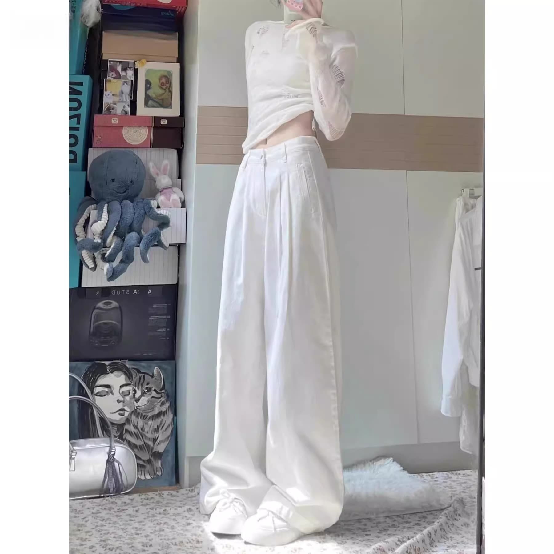 レディースワイドパンツ ゆとりラインストレートデニムワイドパンツ